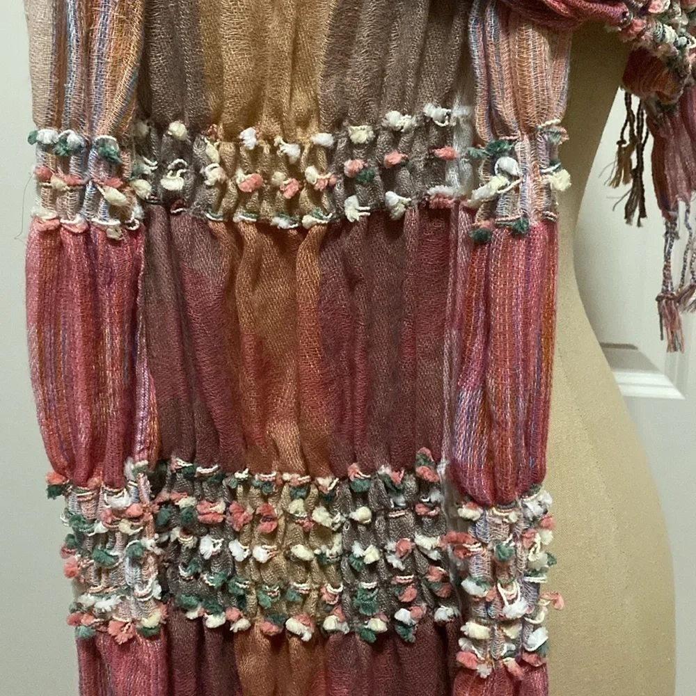 Bohemian Water Color Scarf & Wrap OS Womens puckered gathered fringe Pom poms